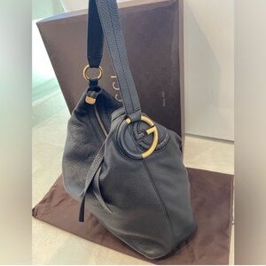 Large Gucci Black Leather Hobo Bag with Gold Accents